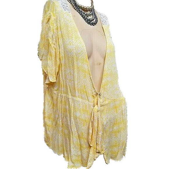 Yellow Coverup OS Lace Back Faux Front Tie Over Sized Boho Lagenlook - Picture 1 of 6